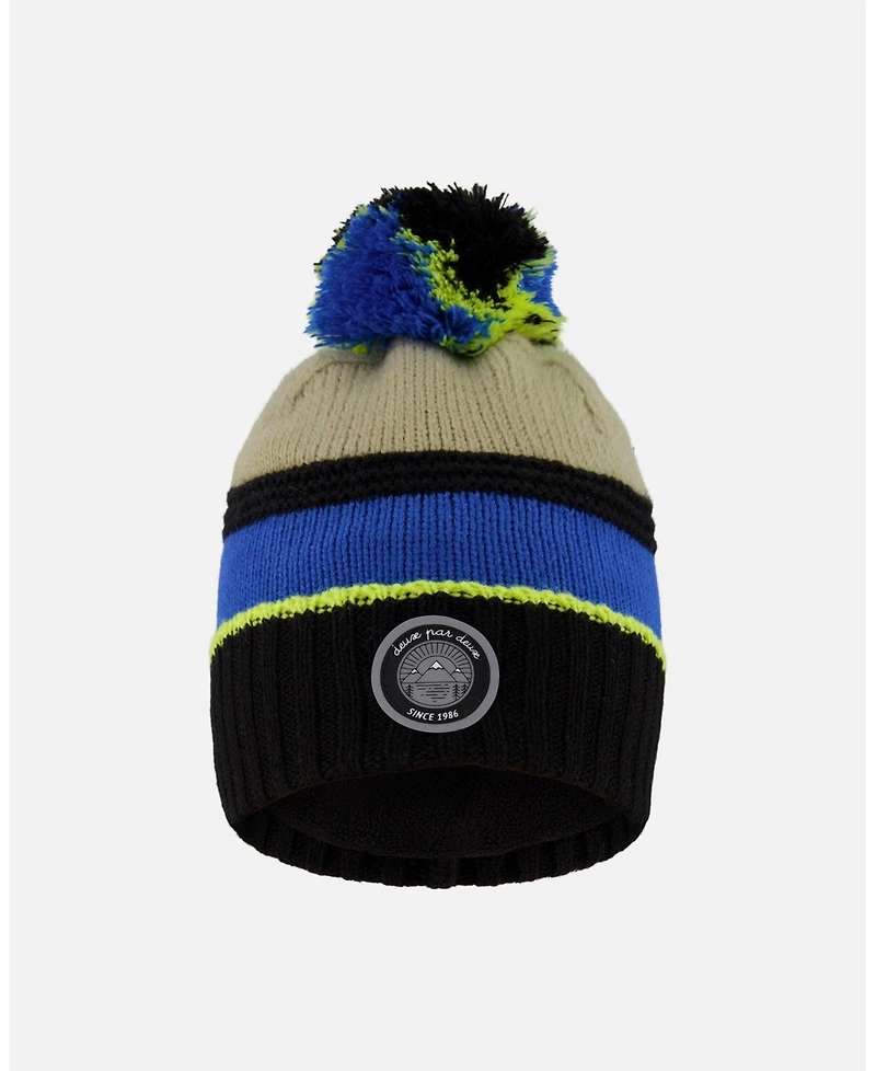 Deux par Boy Lined Knit Pompom Hat Black, Taupe and Lime Green - Toddler|Child