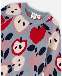 Deux par Big Girls Knit Sweater Blue and Red with Apple Heart Jacquard