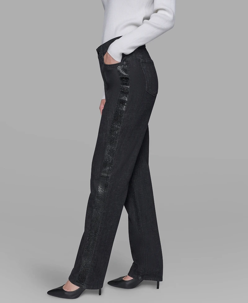 Karl Lagerfeld Paris Women's Rhinestone-Stripe Straight-Leg Jeans