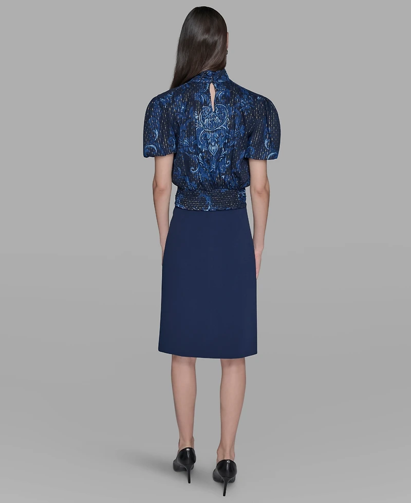 Karl Lagerfeld Paris Women's Metallic Printed Puff-Sleeve Top