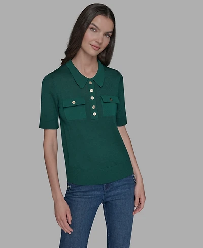 Karl Lagerfeld Paris Women's Short-Sleeve Button-Front Sweater