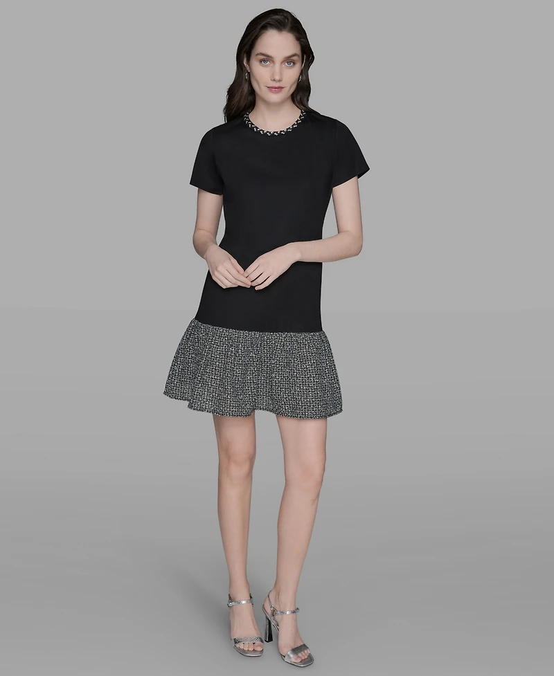 Karl Lagerfeld Paris Women's Ruffle Trim Knit Short Sleeve Dress