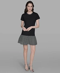 Karl Lagerfeld Paris Women's Ruffle Trim Knit Short Sleeve Dress