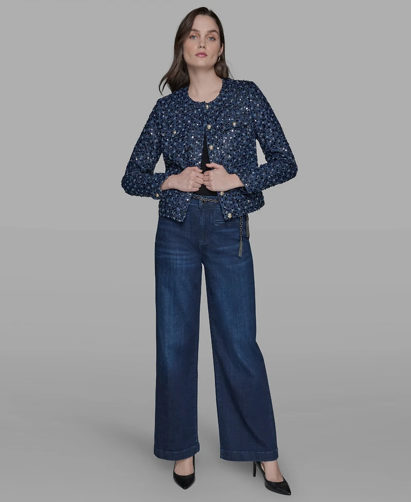 Karl Lagerfeld Paris Women's Sequin Pocket-Front Denim Jacket