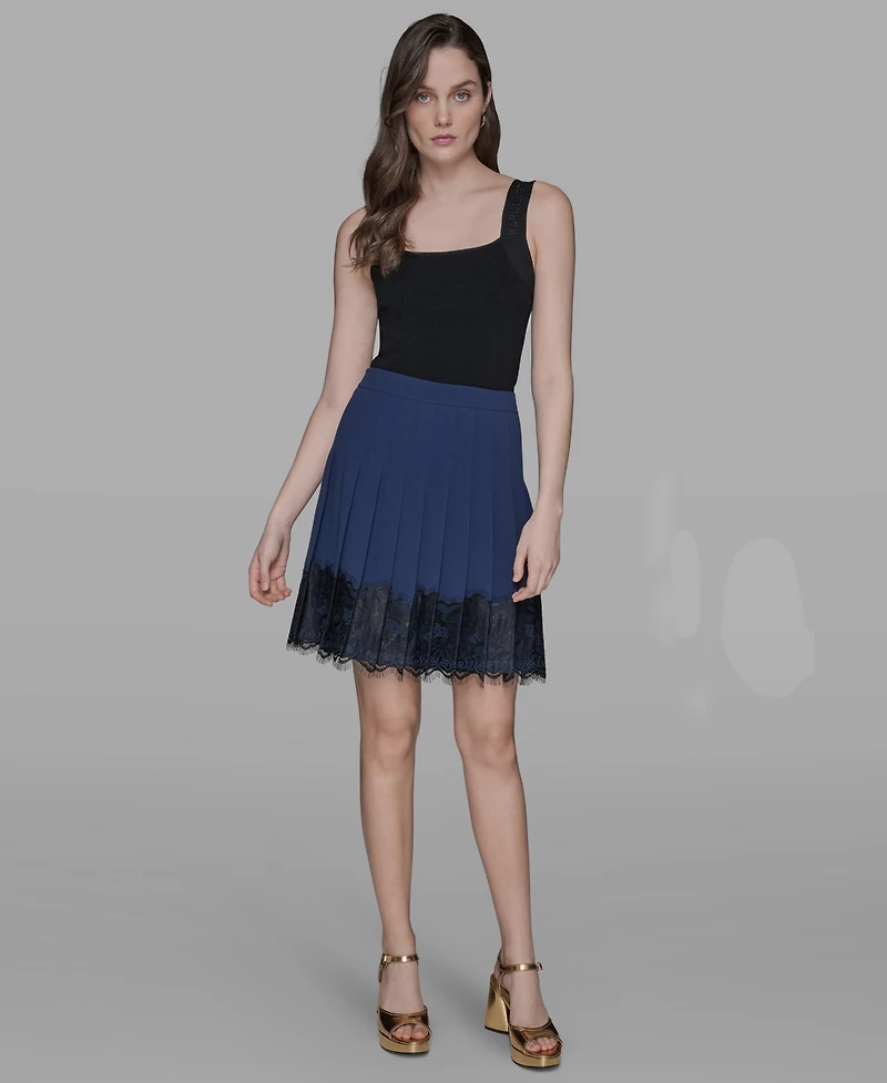 Karl Lagerfeld Paris Women's Pleated Lace-Trim Mini Skirt