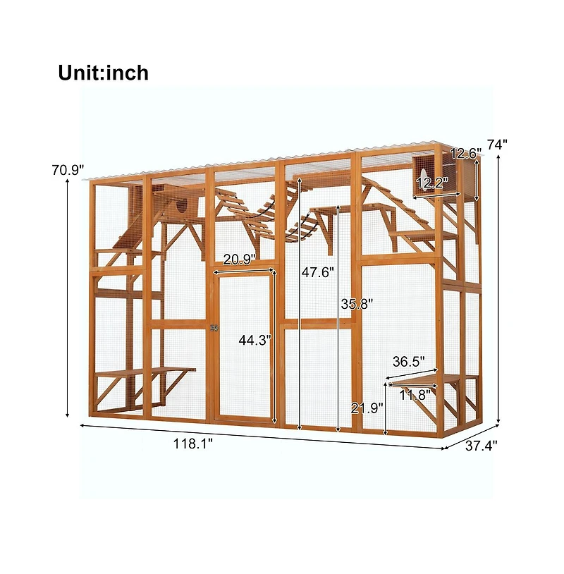 Aostirmotor 118 in. Outdoor Wooden Cat house Cat shelves with Window Box in Natural