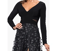 Xscape Women's Long Sleeve V-Neck Dress