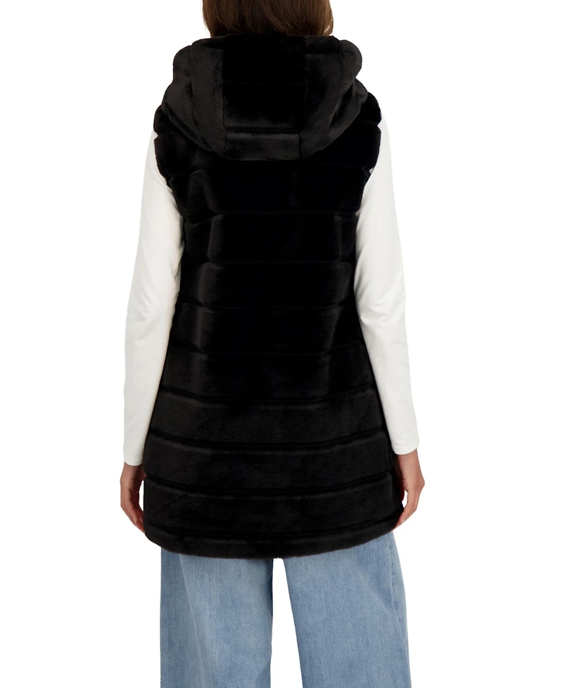 Sebby Collection Women's Hooded Grooved 3/4 Faux Fur Vest