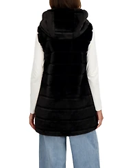 Sebby Collection Women's Hooded Grooved 3/4 Faux Fur Vest