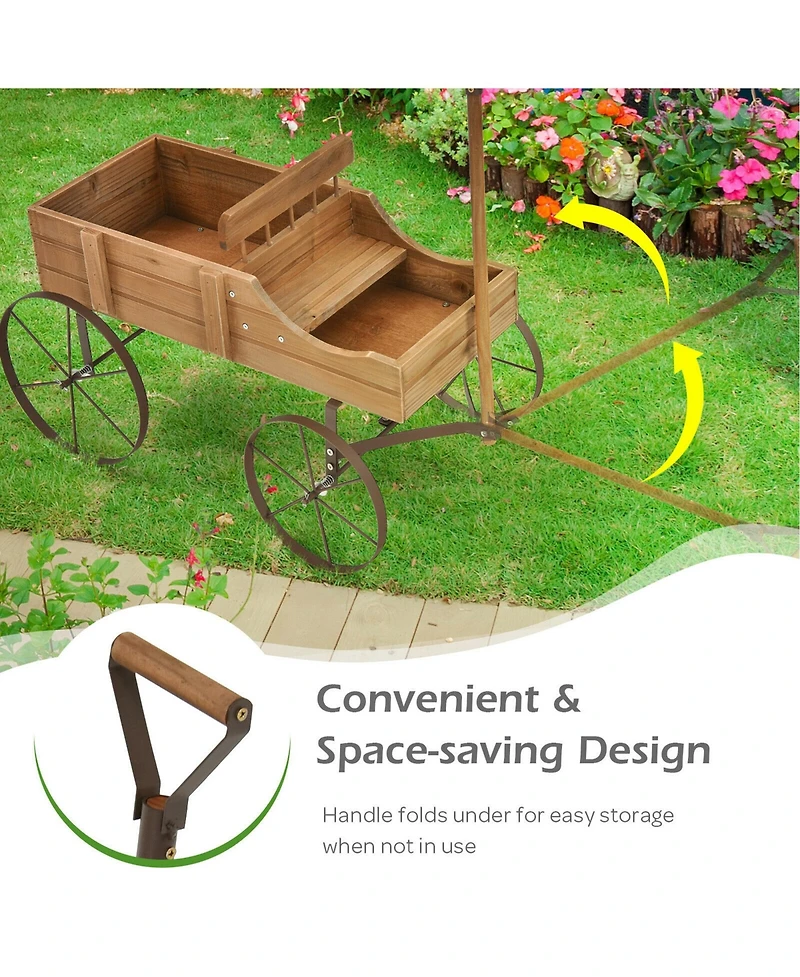 Gymax Garden Plant Planter Wooden Wagon W/ Wheel Yard