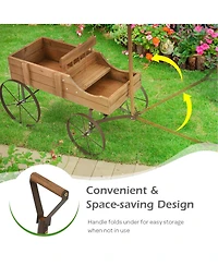 Gymax Garden Plant Planter Wooden Wagon W/ Wheel Yard