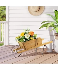 Gymax Wooden Wagon Planter Decorative Indoor/ Outdoor Rustic Flower Cart w/ Wheel