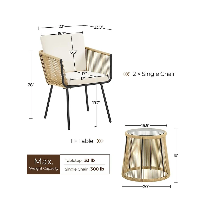 Yaheetech 3-Piece Outdoor Patio Bistro Set with Tempered Glass Table & 2 Chairs, Tan/Cream