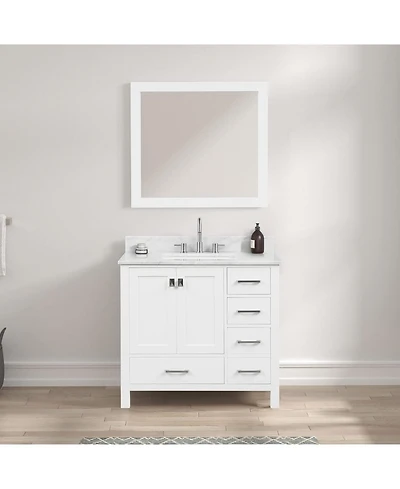 Vanirror 36" Matte White Bathroom Vanity Set with Marble Countertop & Ceramic Sink, Solid Wood Freestanding Vanity for Modern Bathrooms