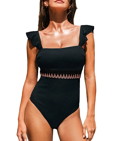 Cupshe Women's Square Neck Ruffled Stitching Cutout One Piece Swimsuit