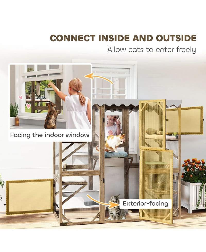 PawHut 59" Catio Outdoor Cat Enclosure, Wooden Window Cat House,