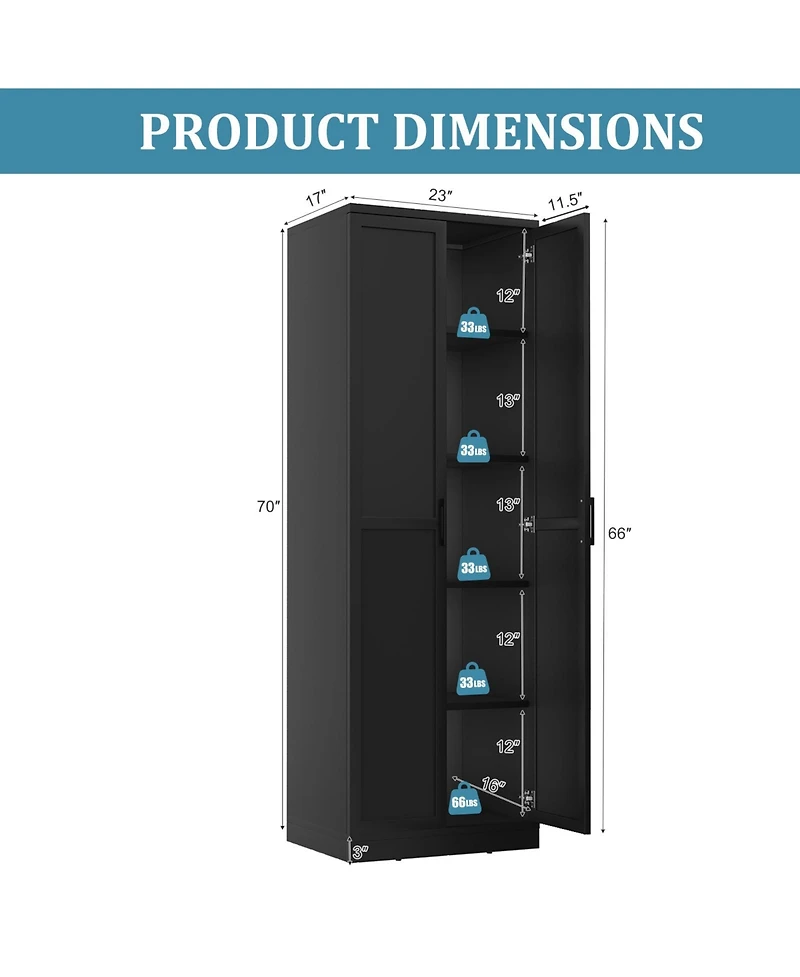 Gymax 70'' Storage Cabinet Freestanding Pantry Cabinet w/2 Doors & 5 Shelves