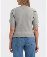 Ellen Tracy Women's Short Sleeve Sweater with Crochet Flowers