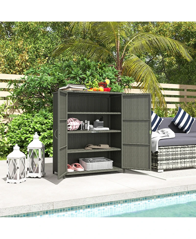 Outsunny Wicker Outdoor Storage Cabinet with Shelves, 2 Doors, Dark