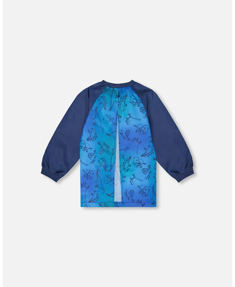 Deux par Deux Boy School Apron Blue Gradient Dinosaur Print - Toddler|Child