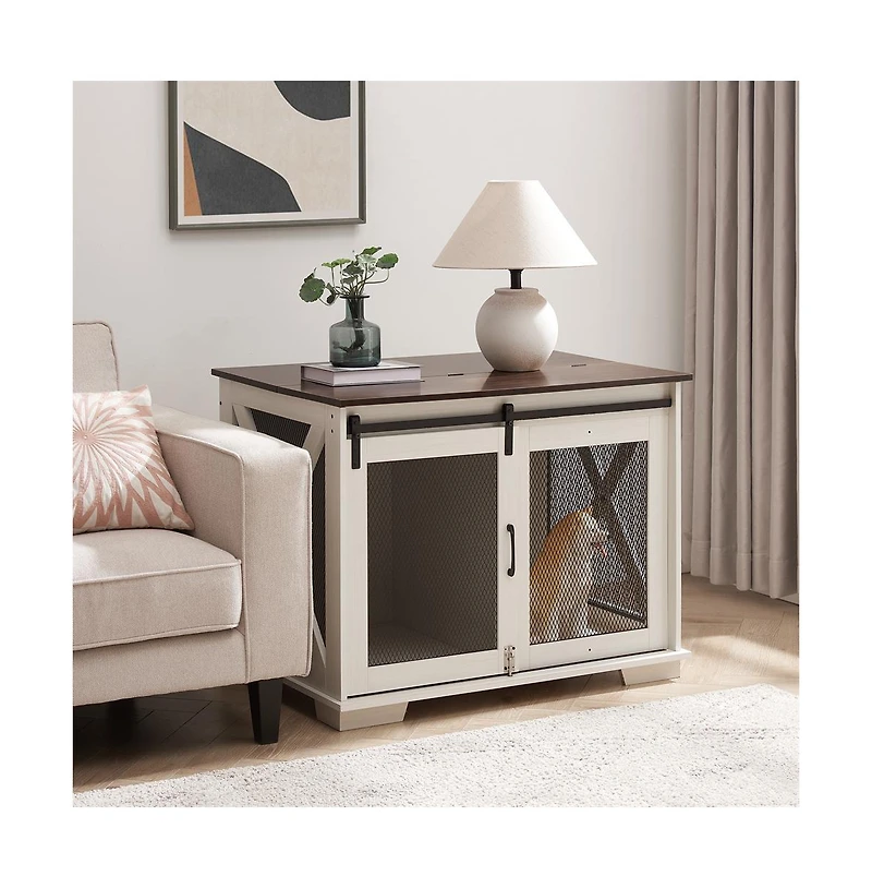 Aostirmotor White Farmhouse Dog Kennel End Table with Barn Door Flip Top and Divider