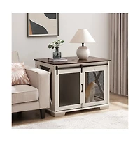 Aostirmotor White Farmhouse Dog Kennel End Table with Barn Door Flip Top and Divider