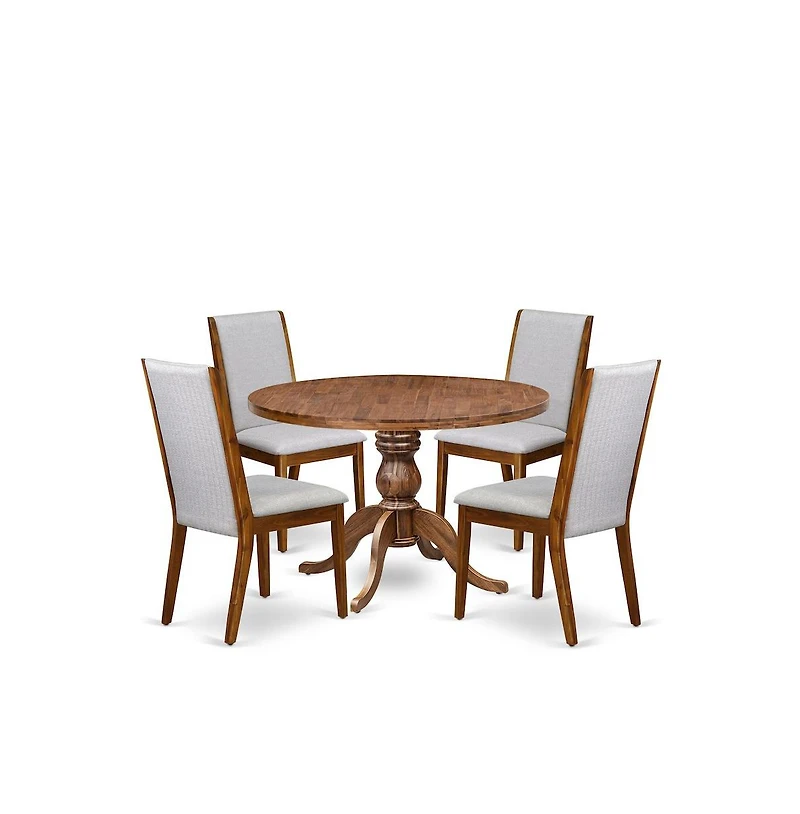 Luxe by East West Furniture 5-Pc Kitchen Table Set A Pedestal Dining Table, 4 Grey Fabric Dining Chairs