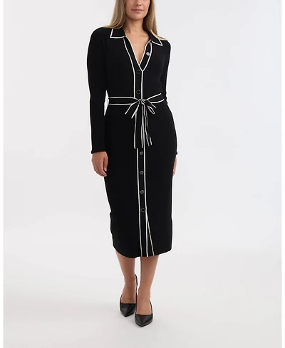 Ellen Tracy Women's Button Front Long Dress with Contrast Tipping