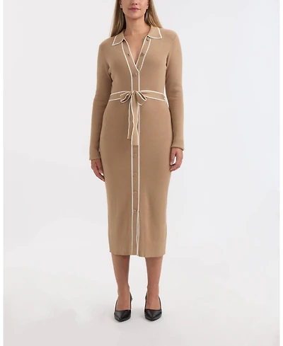 Ellen Tracy Women's Button Front Long Dress with Contrast Tipping