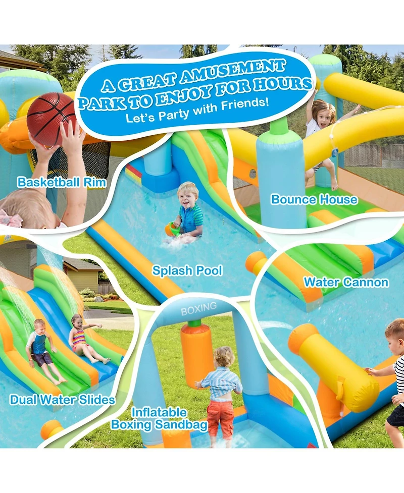 Akiudex Inflatable Bounce House Water Park with Dual Slides, Splash Pool, Basketball Rim and Water Cannon