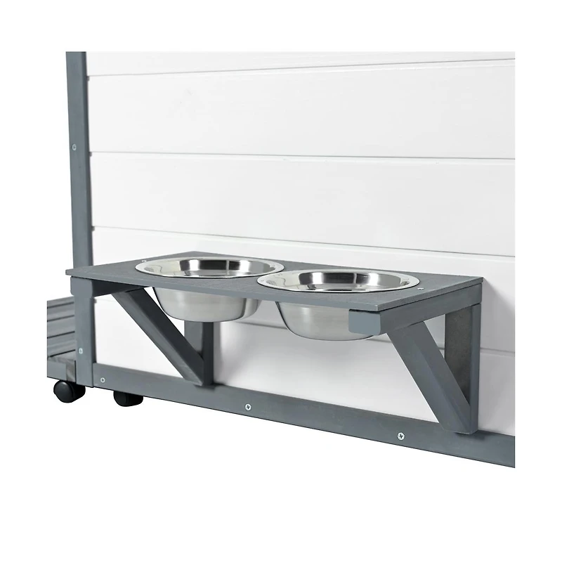 Aostirmotor 44.1 in. Outdoor Wooden Dog house with Food bowl, 4 swivel wheels in Gray