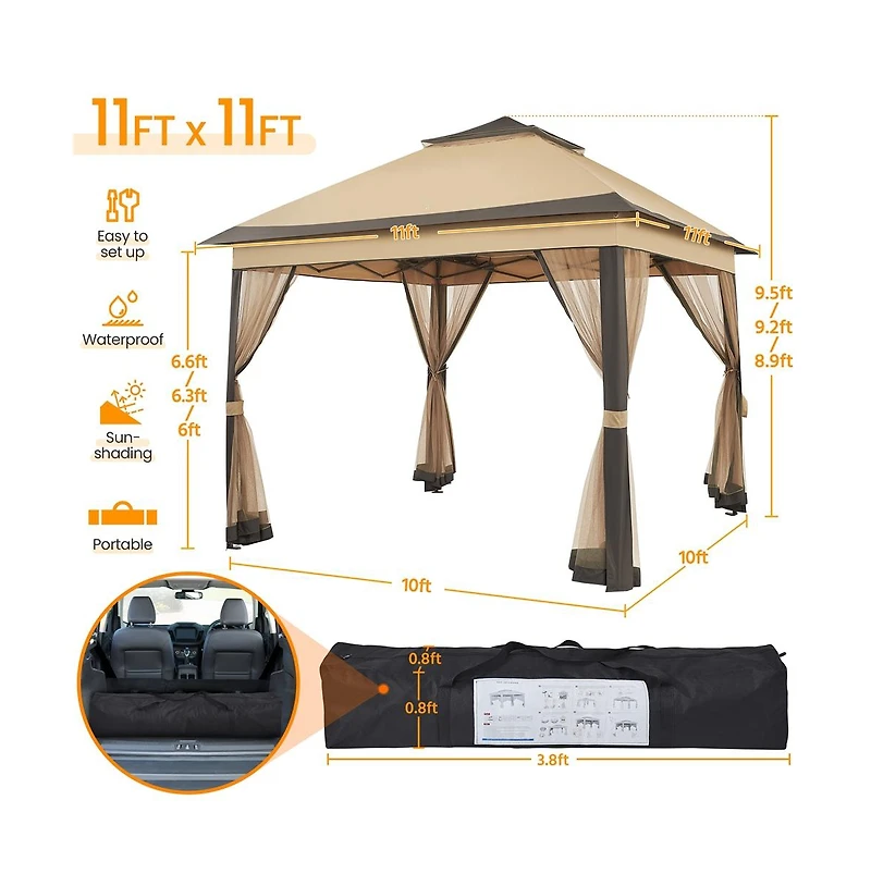 Yaheetech 11x11ft Pop-Up Gazebo Tent with Four Mesh Sidewalls, Brown
