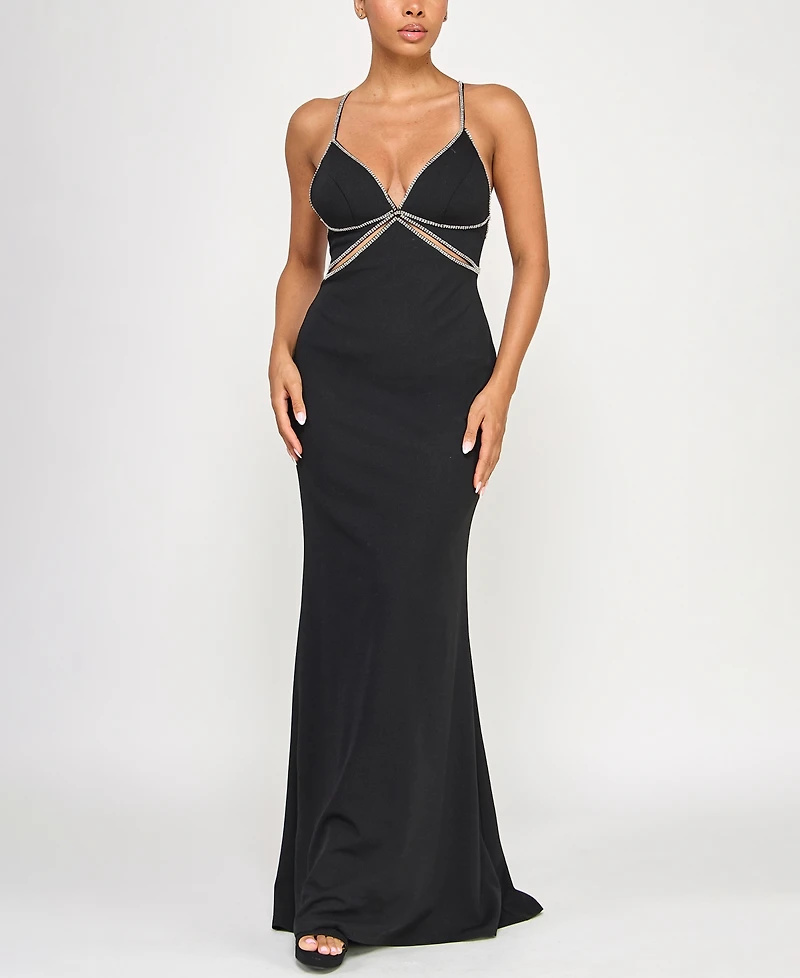 Seni & Cade Juniors' Scuba Rhinestone Cut Out Gown