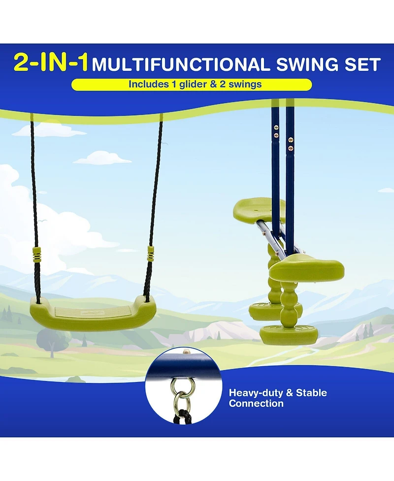 Akiudex Kids Outdoor Swing Set with 2 Swings and Glider, Holds 4 Children