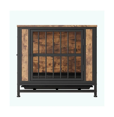 Aostirmotor 27.48'' Rustic Brown Wooden Dog Crate Table Sliding Doors Thick Iron Frame Indoor
