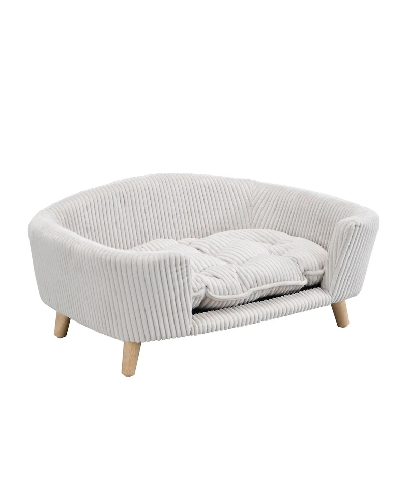 Beige Luxury Elevated Dog Bed Corduroy Pet Couch with Rubber Wood Legs for Small Dogs Easy Assembly
