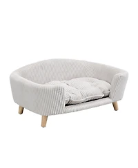 Beige Luxury Elevated Dog Bed Corduroy Pet Couch with Rubber Wood Legs for Small Dogs Easy Assembly