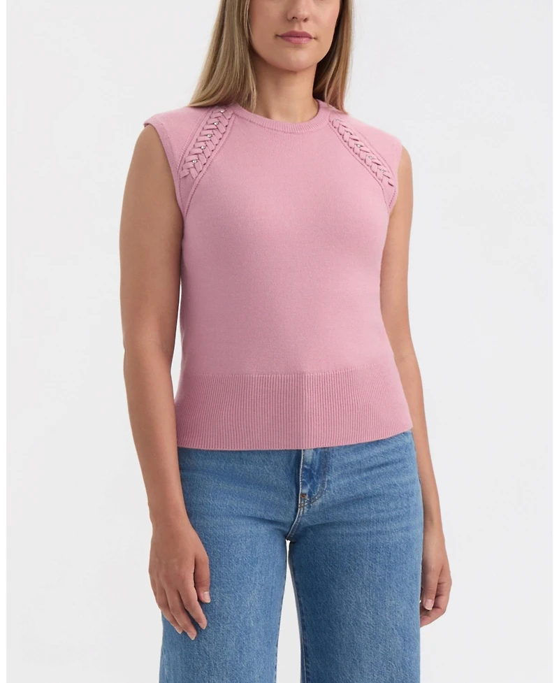 Ellen Tracy Women's Sleeveless Crewneck Sweater with Braid Detail