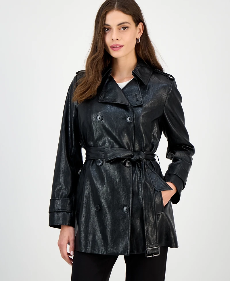 Bcbgmaxazria Women's Double-Breasted Faux-Leather Belted Trench Coat