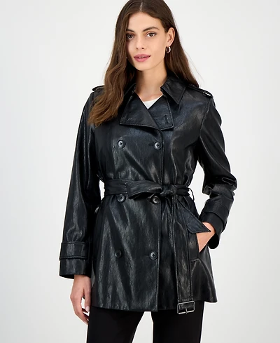 Bcbgmaxazria Women's Double-Breasted Faux-Leather Belted Trench Coat