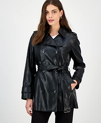 Bcbgmaxazria Women's Double-Breasted Faux-Leather Belted Trench Coat