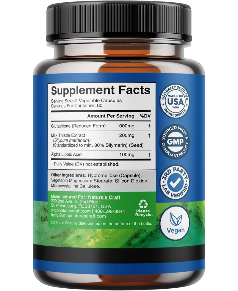 Glutathione Capsules, Natural Skin Whitening Anti-Aging Benefits Reduced L-Glutathione Pills for Men & Women, Pure Antioxidant, Nature's Craft, 120ct