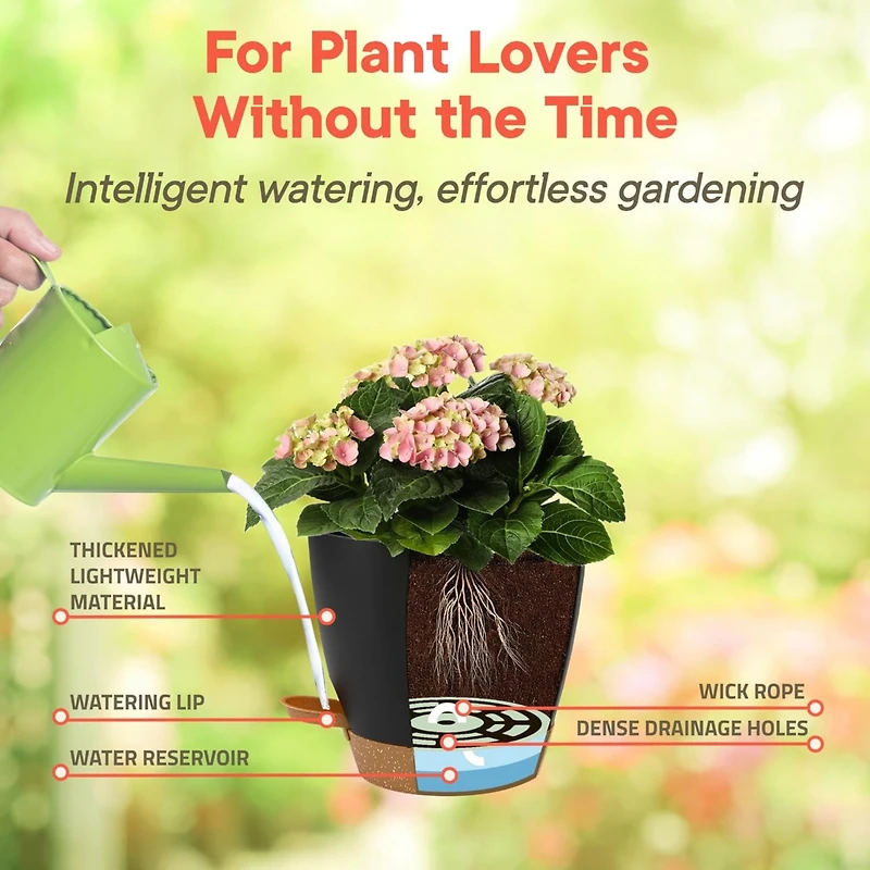 Lifemaster Black Self Watering Pots 20 Pack, Indoor and Outdoor Plant Pots with Wick Rope & Drainage Holes, Easy Watering Lip, Lightweight Plastic Sel