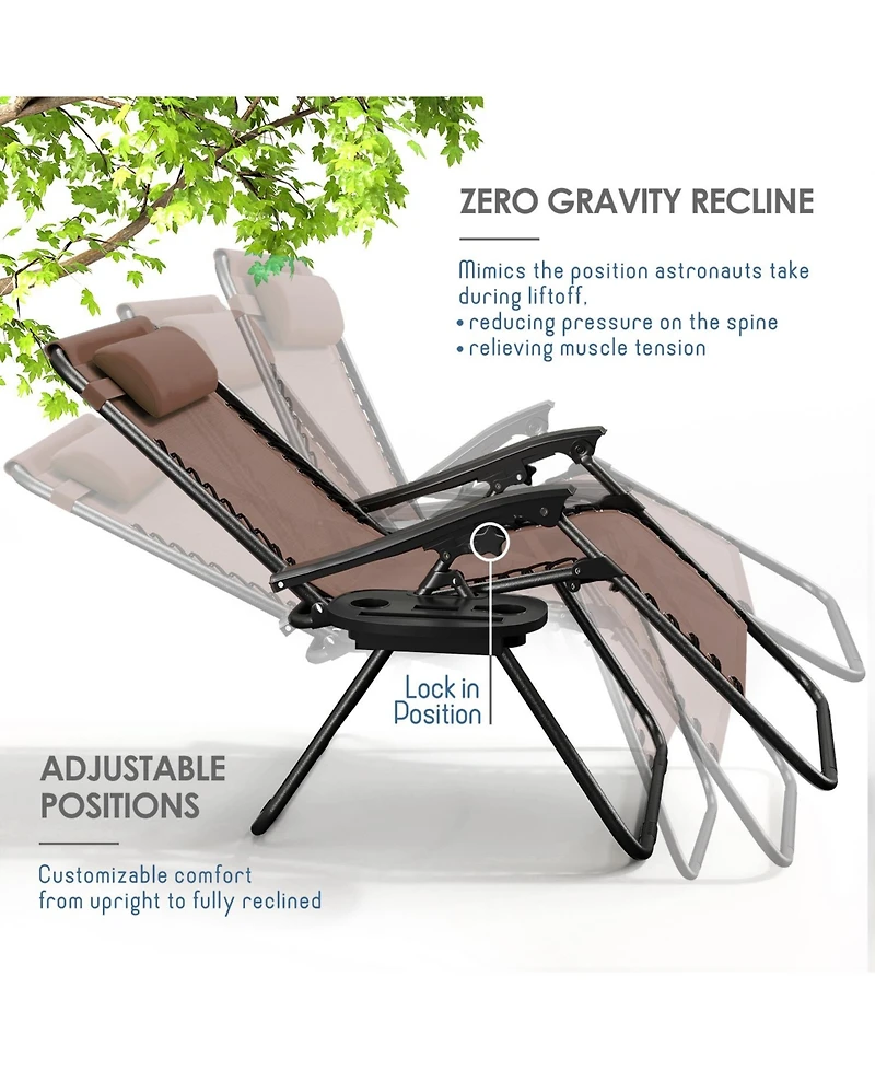 Outdoor Patio Zero Gravity Chairs Set of 4 - Reclining Lounge with Pillows & Cup Holders
