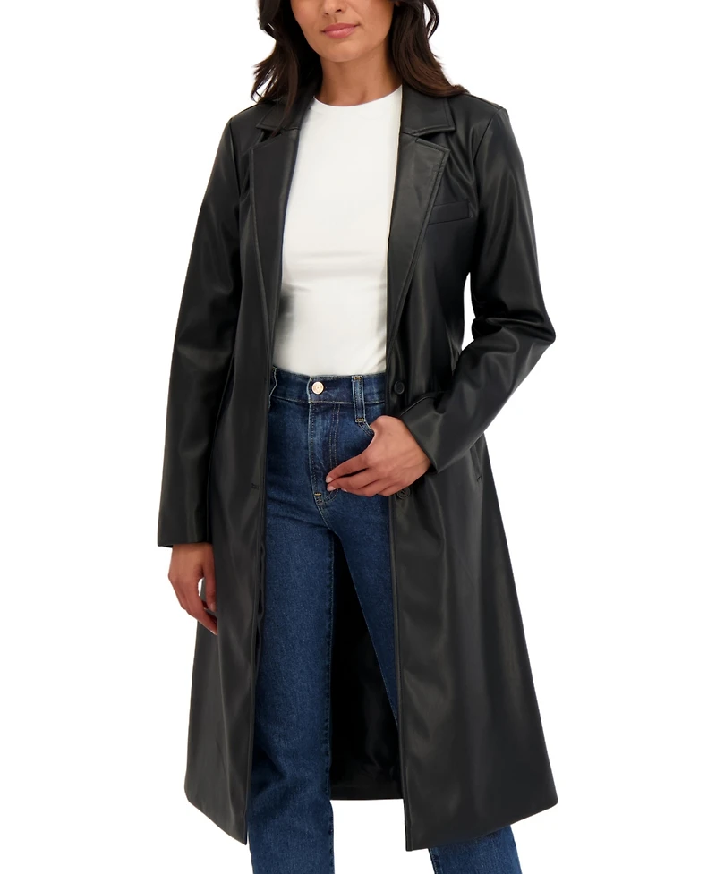Sebby Collection Women's Belted Snap Front Faux Leather Long Trench Coat