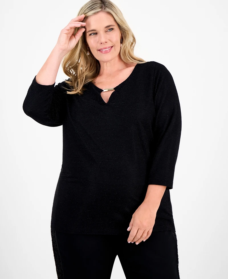 Jm Collection Plus Metallic Jacquard 3/4-Sleeve Top