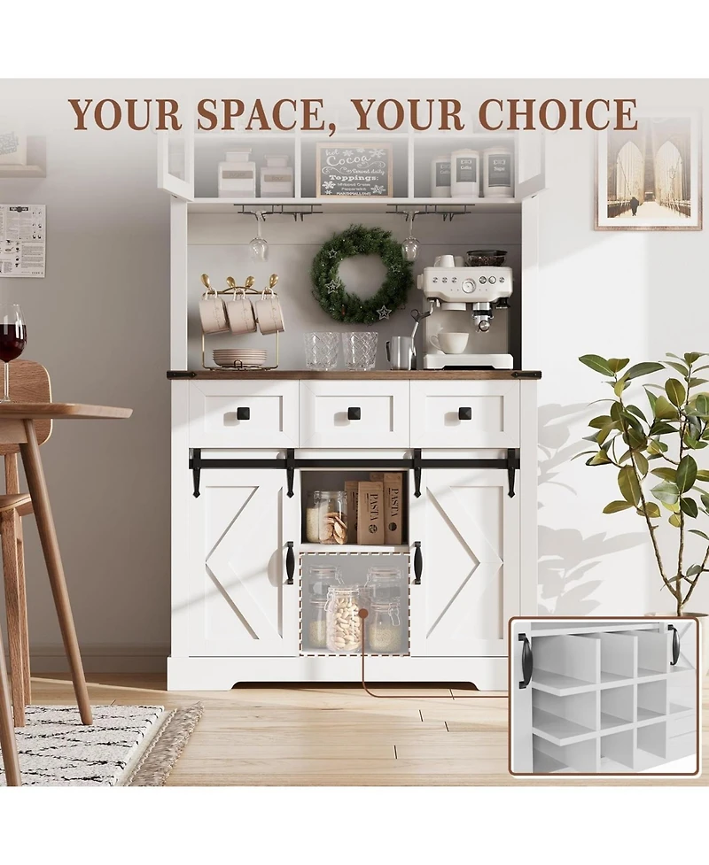 gaomon 72" Pure White Farmhouse Bar Cabinet with Sliding Barn Door, Kitchen Buffet with Hutch, 3 Drawers, Wine & Glasses Rack