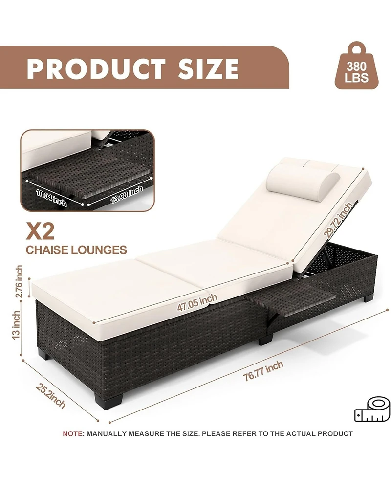 gaomon Outdoor Brown Wicker Patio Chaise Lounge Chairs Set of 2, Adjustable Backrest Lounger with Beige Cushion for Pool & Outdoor Use