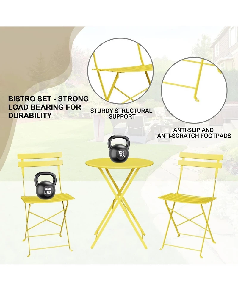 Gaomon 3-Piece Black Bistro Set, Folding Outdoor Furniture with Premium Steel Frame Table & 2 Folding Chairs, Balcony Use