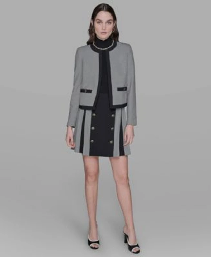 Karl Lagerfeld Paris Womens Gingham Framed Jacket Pleated Skirt Bead Embellished Sleeveless Mock Neck Top